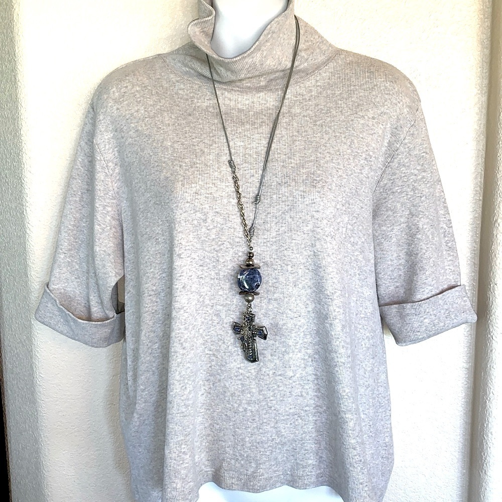 SILVER CROSS artisan Necklace, blue/silver beads, chain/long leather cord. EUC - Picture 3 of 12